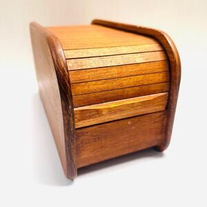 Vintage Mid Century Modern Teak Wood Roll Top Office Desk Organizer Storage Box